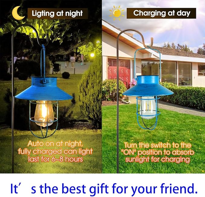 2 Pack Hanging Solar Lantern Lights with Shepherd Hook, Metal Waterproof Warm White Edison Bulb Lights for Garden Outdoor Pathway (Bule)