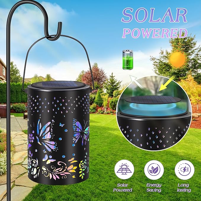 Solar Lantern Butterfly Outdoor Waterproof,Two Lighting Modes Garden Decor Christmas Gifts for Women Mom Grandma Hanging Solar Lights Metal Decor for Outside,Backyard,Patio