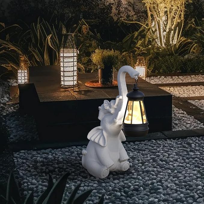 Statue Decoration, Figurine, Lawn Statue, Sculpture Ornament, Animal Figurine - Elephant Resin Statue with Lantern (Hand-JD Trunk-JD)