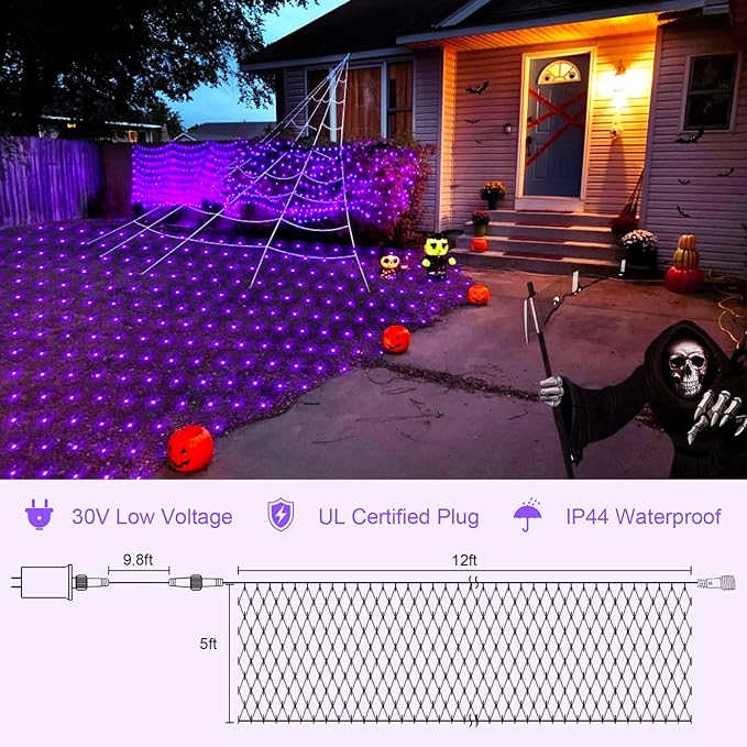Purple Christmas Net Lights Outdoor - 360 LED Net Lights Waterproof with Remote, 12x5 ft Extendable 8 Modes Christmas Net Lights with Green Wire for Bushes Lawn Garden Shrubs Tree Backyard Decorations