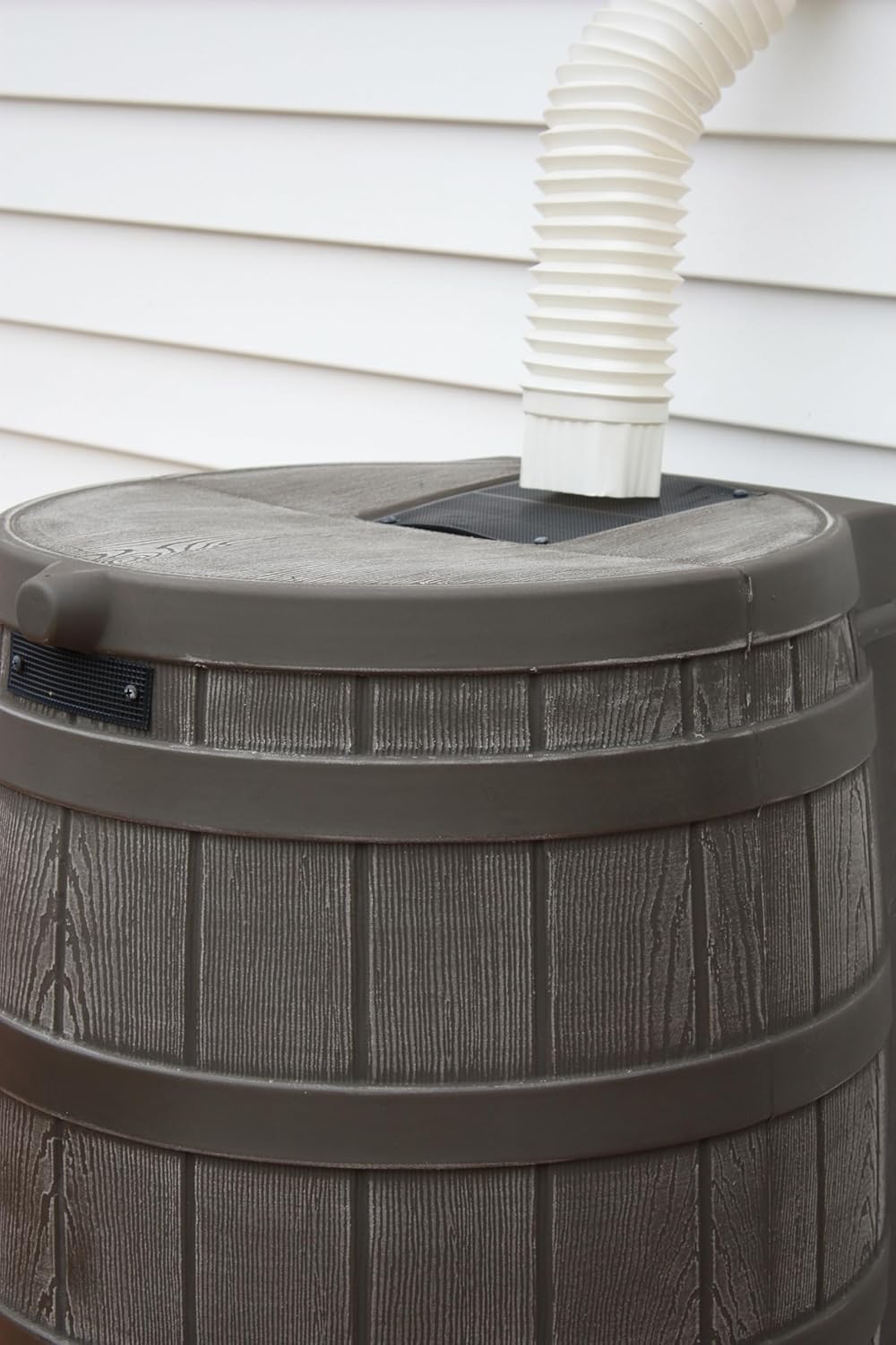 Good Ideas Rain Wizard Water Collection Plastic Barrel, Oak, 50 Gallon - Linkable Flat-Back Faux Wood Rainwater Catcher Storage Drum w/ Robust Metal Spigot & Fine Mesh Screen