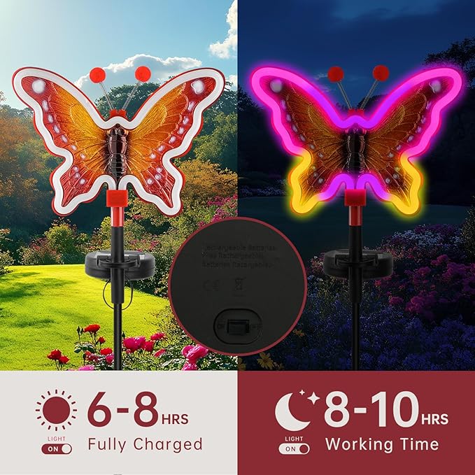 Solar Garden Butterfly Lights, Garden Outdoor Lights Decor, Butterfly Solar neon Light,led Butterfly Lights,Yard Patio Pathway Decoration(Red, 2pack)
