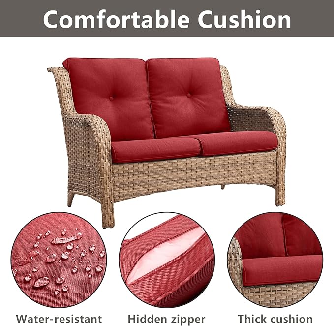 Outdoor Wicker Patio Furniture Set - 6 Piece Rattan Patio Conversation Set with 2 Rocking Swivel Chairs,2 Ottomans,1 Loveseat and 1 Side Table for Porch Deck Backyard Garden(Yellow/Red)