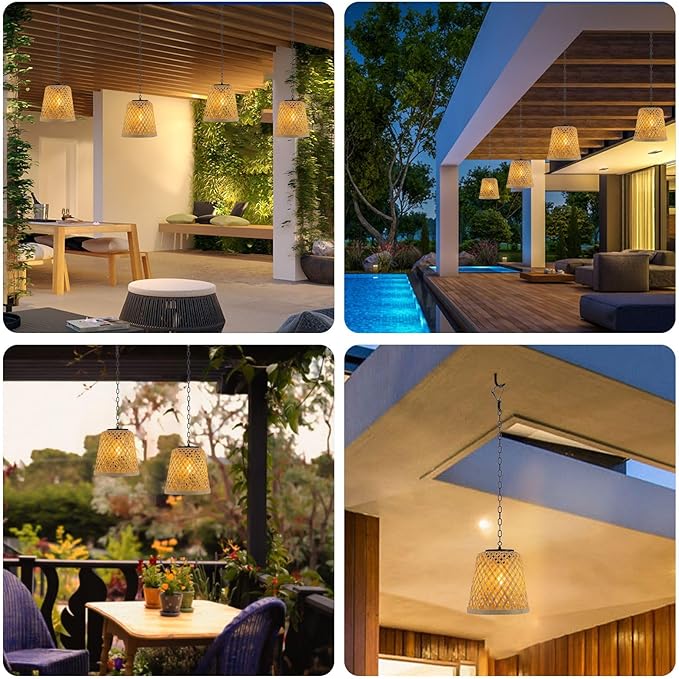 pearlstar Solar Hanging Lanterns Outdoor Gazebo Lights Rattan Woven Chandelier Solar Lamp Waterproof Outside for Porch Garden Patio Yard Farmhouse Decoration, 2Pack