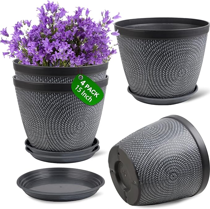 Quarut 4 Pack 15 Inch Large Planter Pot for Plants Outdoor Indoor, Plastic Flower Pots with Drainage Hole & Saucer, Modern Decorative Medium Large Plant Garden Pot, Plant Container for House (Gray)