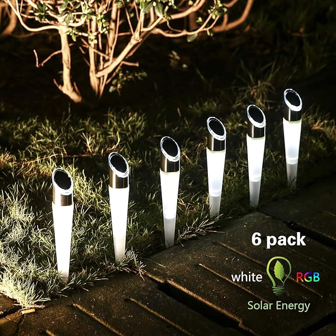 pearlstar Solar Lights Outdoor Garden Pathway Lights LED White&Color Changing Lights Landscape Lighting Waterproof for Path Lawn Patio Yard Walkway Driveway,4 LED Bulbs& 2 Lights Effect (6pack)