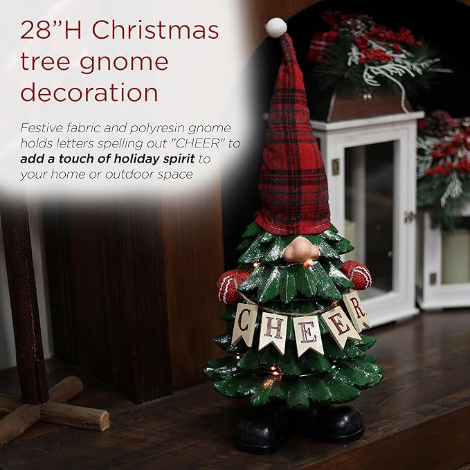 Alpine Corporation 28" H Polyresin Christmas Tree Cheer Gnome Decoration with Color Changing LED Lights, Christmas Decoration