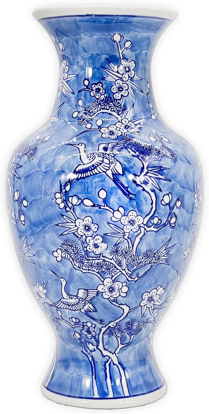 Galt International White & Blue Floral Crane Chinoiserie Ceramic Vase 14" - Hand Painted Antique Style Porcelain Bird & Flower Bottle Fishtail Porcelain Chinese Vase for Home Decor Centerpiece