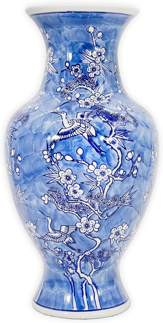 Galt International White & Blue Floral Crane Chinoiserie Ceramic Vase 14" - Hand Painted Antique Style Porcelain Bird & Flower Bottle Fishtail Porcelain Chinese Vase for Home Decor Centerpiece