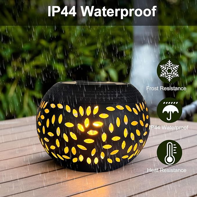 Solar Table Light Outdoor Waterproof- Solar Powered LED Lamp Hollowed-Out Black Metal Desktop Decorative Lantern for Indoor Desk Bedroom Patio Garden Pathway Yard