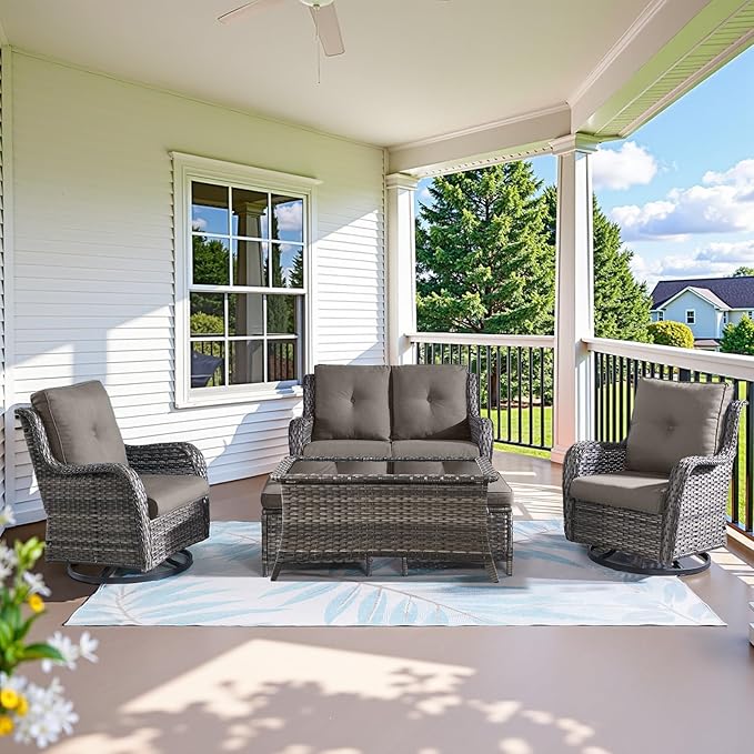 Wicker Outdoor Furniture Patio Furniture Set - 6 Piece Patio Conversation Set with Swivel Rocker Chairs, Loveseat Sofa, Ottomans and Coffee Table, Gray Cushion