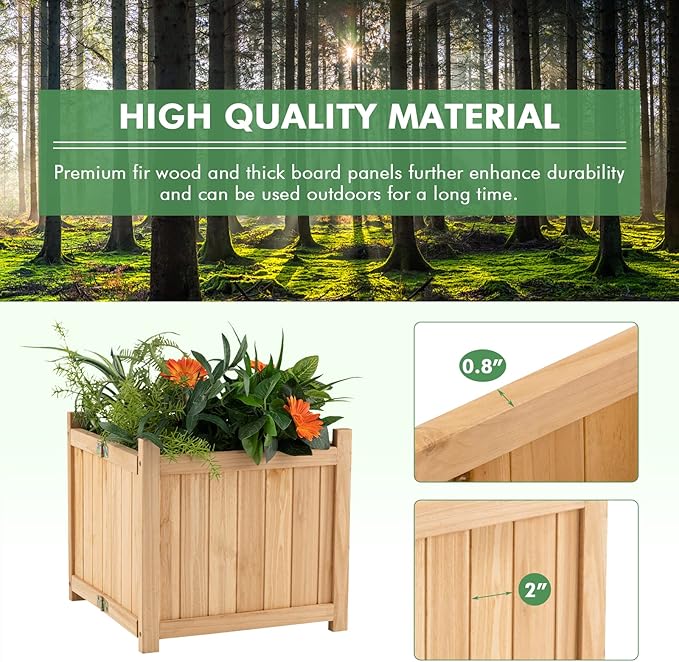 S AFSTAR Outdoor Wooden Planter Box, Folding Raised Garden Bed W/Drainage Hole, Patio Square Plant Container for Flowers, Vegetables, Fruits, Herbs, Collapsible Planting Box for Yard, 15" x 15" x 14"