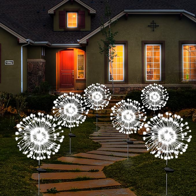 Solar Garden Lights Solar Firework Lights Outdoor Waterproof 4 Pack Solar Powered Art Stake Twinkle Lighting 180 LED Sparklers Solar Lights for Yard Pathway Patio Outside Party Decorations (White)