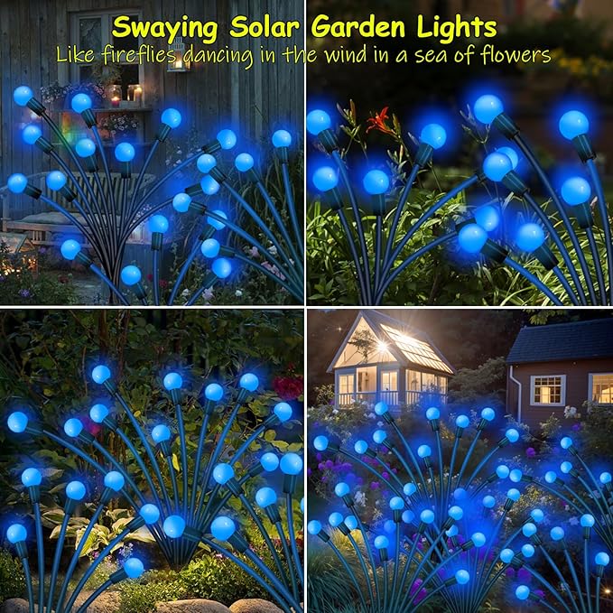 Solar Garden Lights Outdoor, 4 Pack 40 LED Solar Blue Firefly Lights Waterproof, Starburst Solar Wind Swaying Lights for Outside Yard Patio Planter Flower Bed Walkway Christmas Decoration