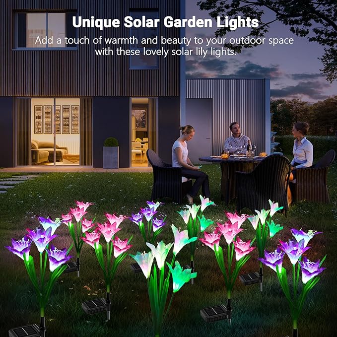 WdtPro Solar Lights Outdoor Garden Decorative Flowers 6 Pack, Waterproof Solar Garden Lights with 24 Lily Flowers, Multi Color Changing LED Solar Powered Landscape Lights for Yard Garden Patio