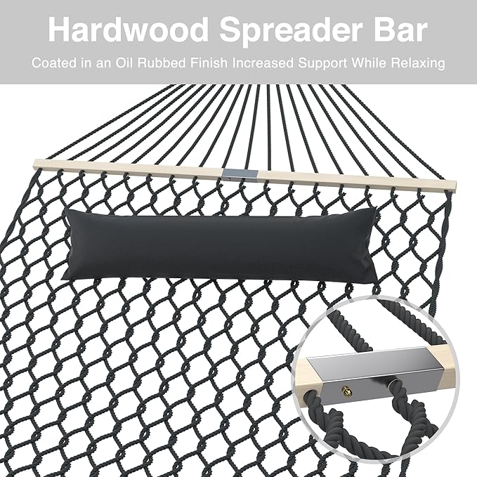 13FT Hammocks, Traditional Hand Woven Cotton Rope Hammock with Free Extension Chains for Outdoor Indoor Patio Yard 450 LSB Capacity for Two Person (Dark Grey)