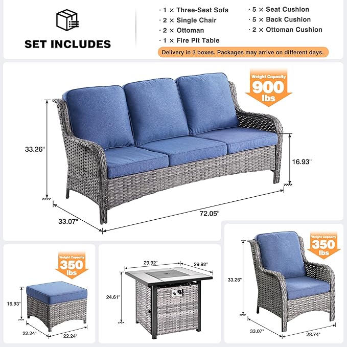 ovios 6 Pieces Patio Furniture Set with 30" Fire Pit Table, Outdoor Wicker Sofa with Ottomans, Comfy Cushions, High Back Couch Conversation Set, Grey Rattan, Denim Blue
