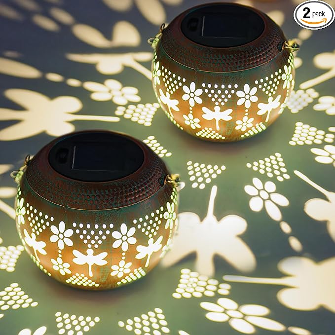 Starsoul 2 Pack Solar Lanterns Waterproof Outdoor, Dragonfly Hollow Out Metal Decoractive Hanging Solar Lantern Lights for Outside Garden Yard Porch Tabletop Patio Decor, Gardening Gifts for Women Mom
