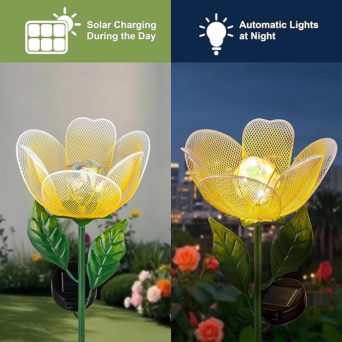 Solar Lights Outdoor Garden, 2 Pack Solar Powered Metal Flowers LED Breathing Light Waterproof,Solar Flowers for Outside Patio Lamp,Garden Gifts for Women,Landscape Lighting,Yard Pathway Decor