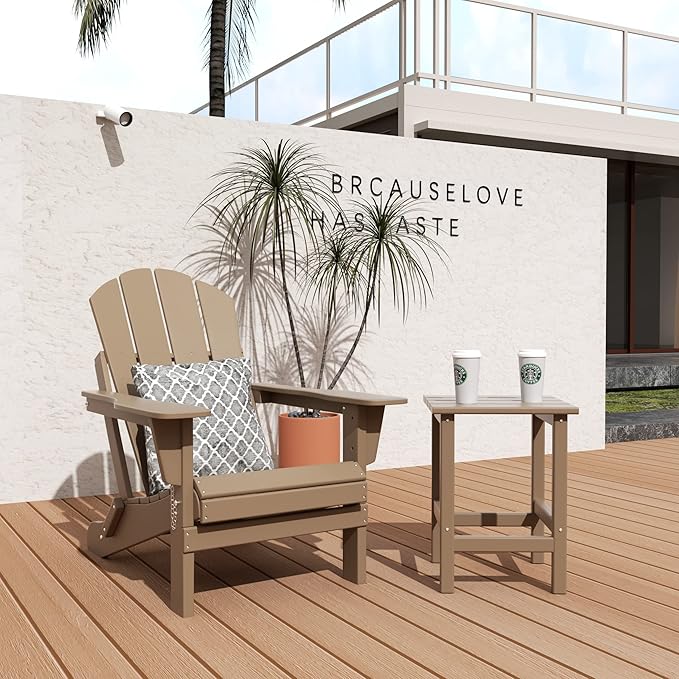 WO Home Furniture Adirondack Chair Table Set of 2 PCS Outdoor Folding Chair w Side Table Weather/UV Resistant for Lawn, Garden, Bon Fire, Balcony (Weathered Wood)