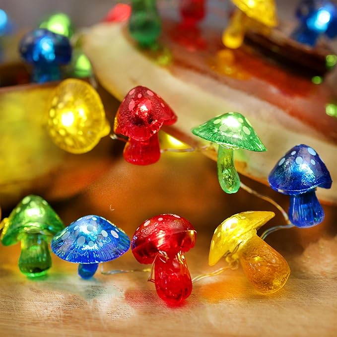 Fairy String Lights 3D Mushroom Lamp-Outdoor Waterproof Battery Operated String Lights 7ft 20 LED-Mushroom Fairy Night Lights for Garden Wreath Balcony Living Room Decor