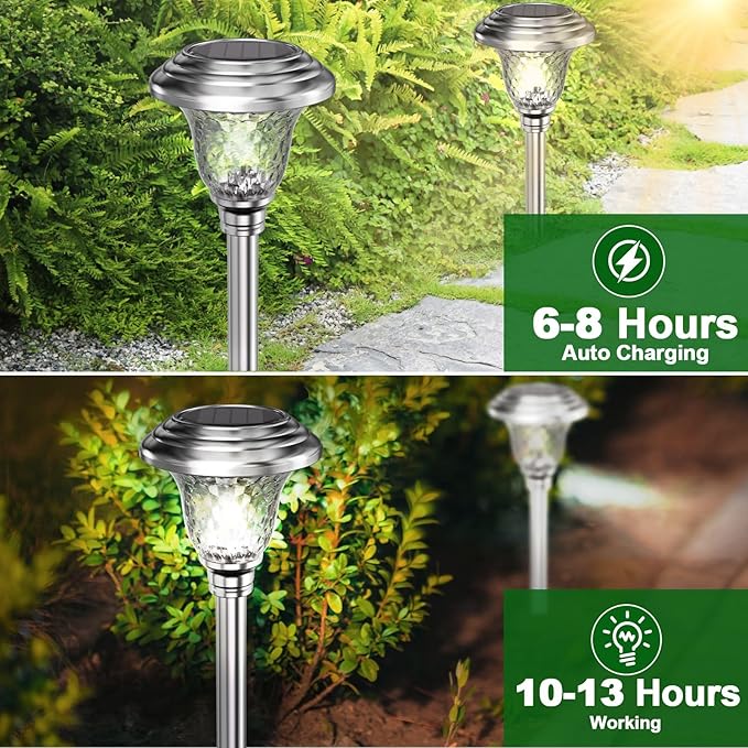 Beau Jardin 4 Pack Solar Pathway Lights Outdoor Stainless Steel Lights Solar Powered Waterproof Glass High Lumen Garden Landscape Path Yard Walkway Driveway Outside Color Changing Cool White Silver