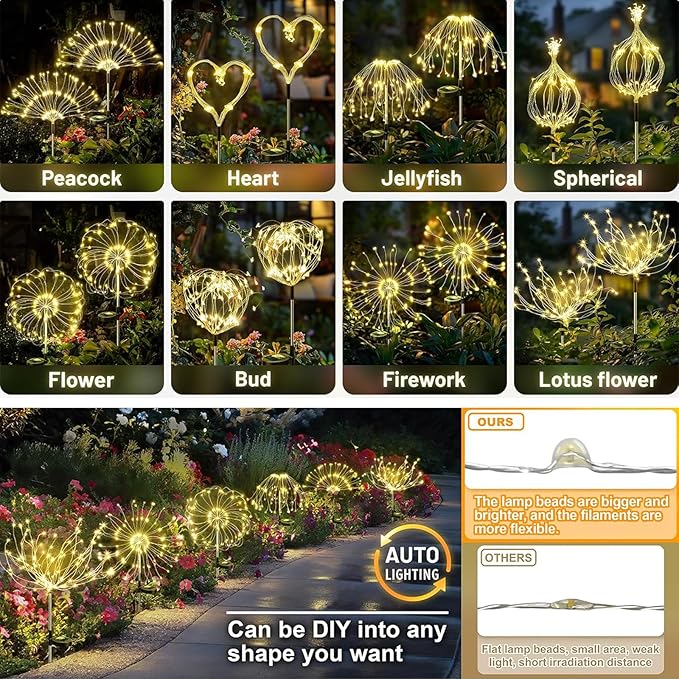 4 Pack Solar Firework Lights 150 LED Create Magical Nights, Waterproof Starburst Fairy Lights for Garden Yard Patio Christmas Romantic Wedding Party Decor(Warm White)