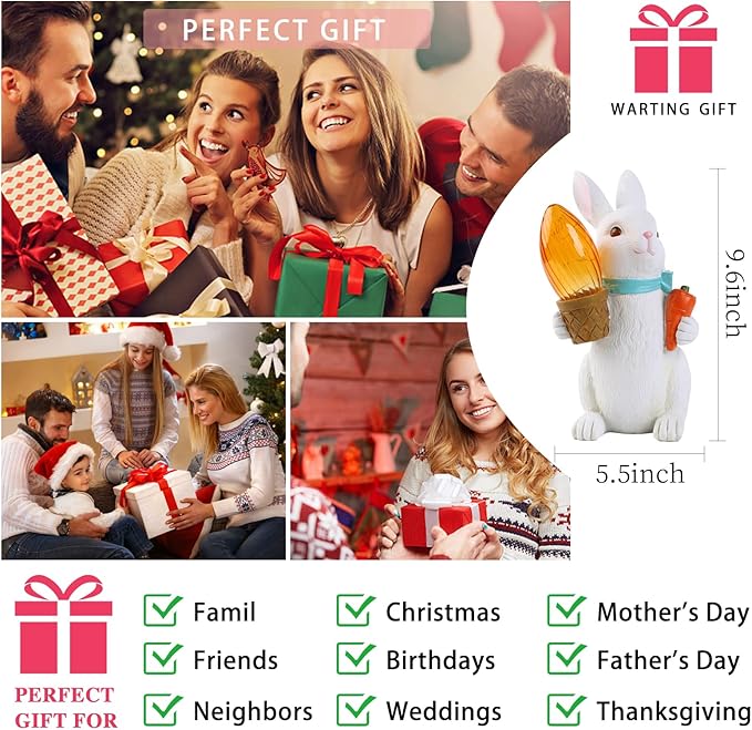 Garden Statues Rabbit with Solar Lights-Easter Bunny Outdoor Decor for Lawn,Balcony-Yard Garden&Patio Decor-Unique Gift for Mom Grandma,Unique Housewarming Gifts and Rabbit Yard Decoration