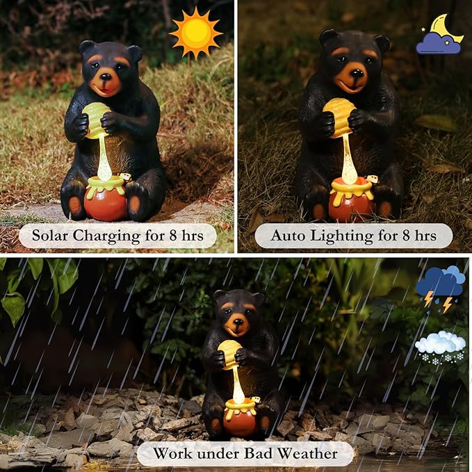 Black Bear Decor, Bear Statue, Solar Garden Statue for Outside, Solar Garden Yard Patio Decor, Outdoor Statue for Garden, Outdoor Decor for Patio, Garden Decoration, Gardening Gifts for Women