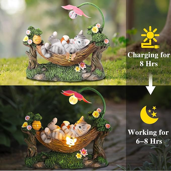 Afirst Solar Cat Statue Garden Figurine, Resin Figurine with Solar Lights Outdoor Decorations for Lawn, Patio, Balcony, Yard Ornament