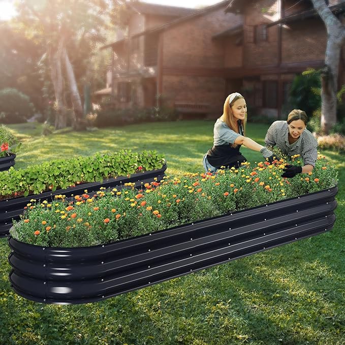 Raised Garden Bed Kit, 8x2x1 ft Galvanized Planter Box Outdoor, Oval Large Metal Raised Beds for Gardening Vegetables Flower Herb (Navy Blue)