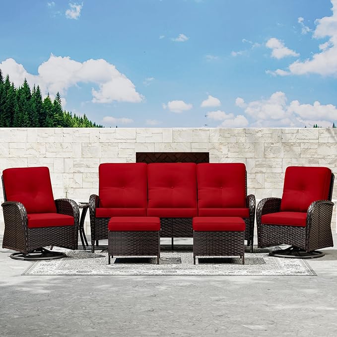Joyside 6 Piece Patio Furniture Set, Outdoor Wicker Conversation Sets with Swivel Rocker Chairs and Sofa, Thick Cushion, Rattan Patio Sectional for Porch, Deck Use (Brown/Red, 6 PCS)