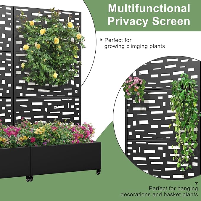 Casaphoria Metal Raised Garden Bed with Trellis and Wheels, 72"x35"x16" Planter Box for Climbing Plants, Vegetables & Vines, Features Drainage Holes and Privacy Screen (Black-Gerald)