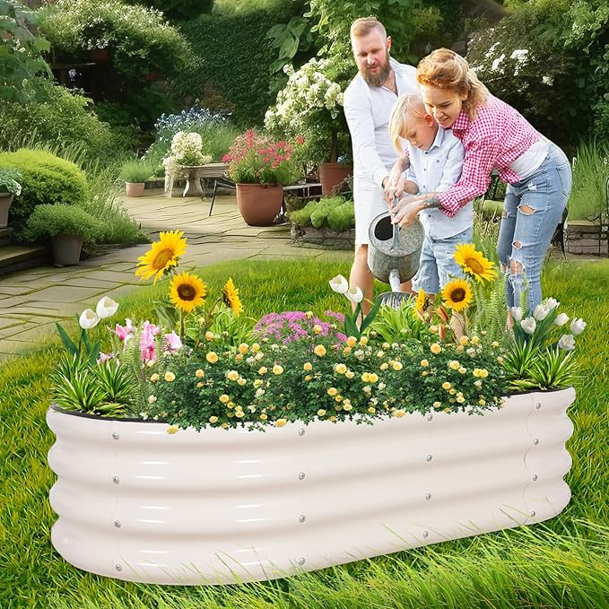 1MORE Galvanized Raised Garden Bed- Planter Garden Boxes Outdoor, Raised Beds for Gardening, 4x2x1ft Metal Garden Bed Kit for Vegetables Flower, Planter Raised Beds with Protective Tape & Tools.White