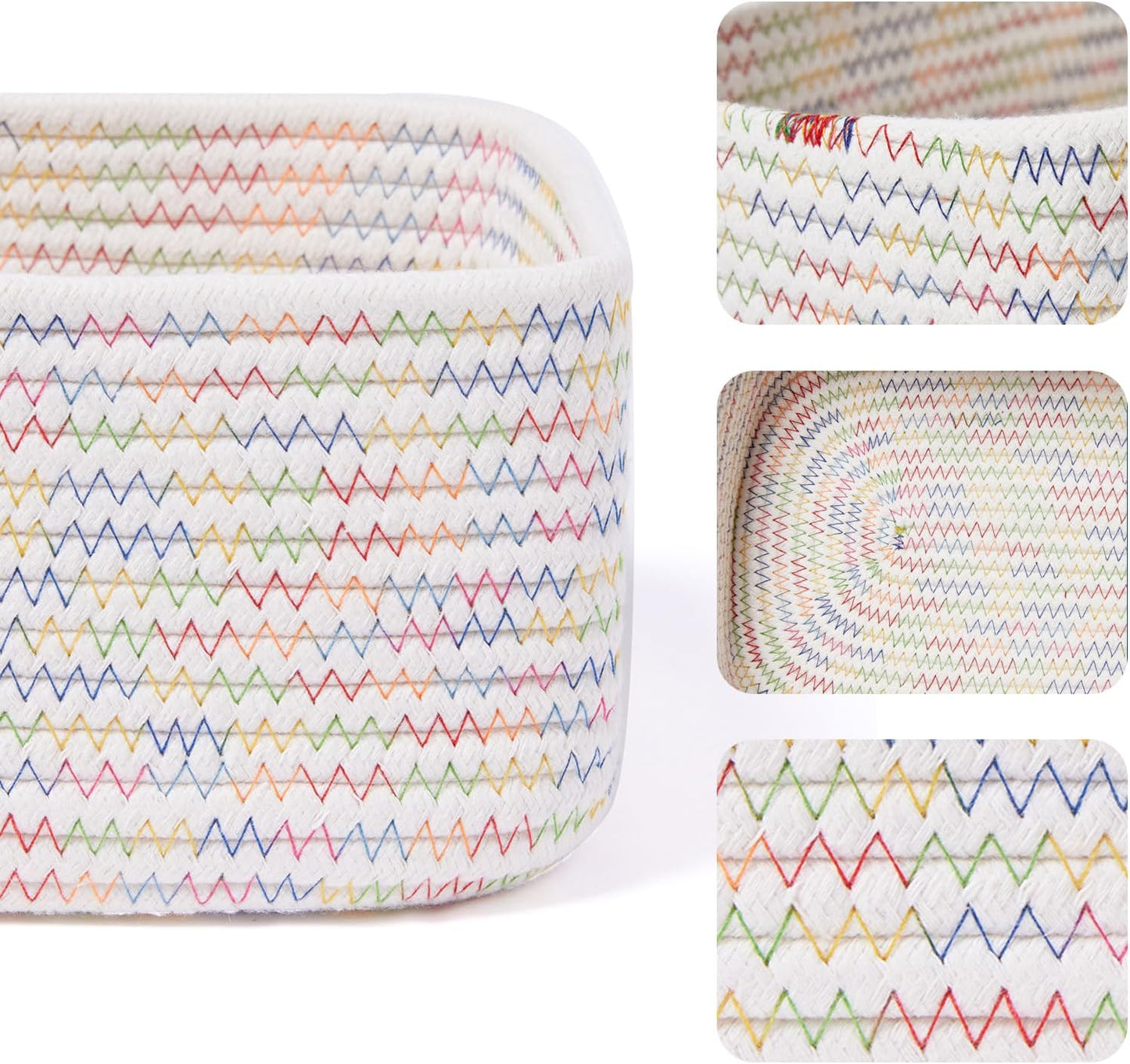 Small Storage Baskets for Organizing | Closet Organizer Bins | Shelf Toy Basket | Woven Rope Baskets | Cube Decorative Box | Shallow Basket | 11.5x7.5x4.7” | 3 Packs Rainbow