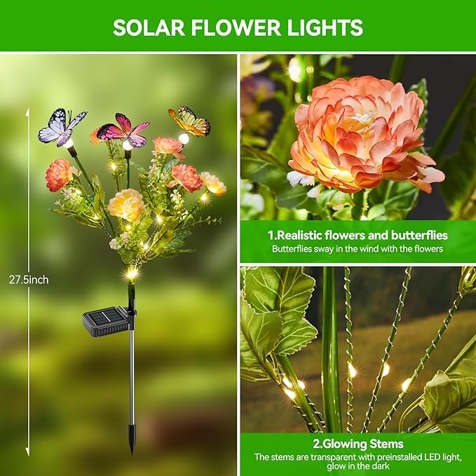 Solar Flowers Lights Outdoor Waterproof, 6 Pack 2 in 1 Solar Butterfly Bouquet for Garden Decor, LED Warm Lighting Garden Lights Outdoor for Pathway Yard Patio Decoration