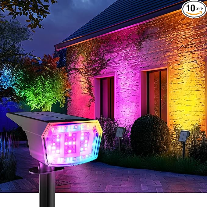 Solar Spot Lights Outdoor, 9 Lighting Modes RGB, Solar Lights Outdoor Waterproof IP65, 63 LED Landscape Spotlights for Holiday Decorations-10 Pack
