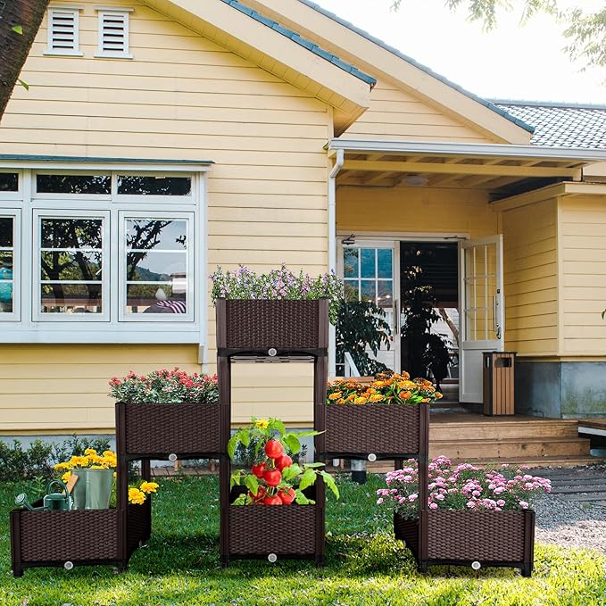 MAYOLIAH Raised Garden Bed with Drainage Elevated Planter Box Plastic Raised Beds for Gardening Vegetables Herb Flowers, Perfect for Indoor Outdoor Planting, 6 Boxes Brown