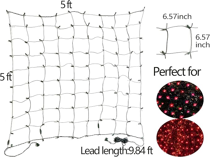 HISHINY LED Red Christmas Net Lights Outdoor,5ftx5ft 100LED Green Wire, Connectable Indoor Outdoor Bush Mesh Net Lights String for Halloween Christmas Party,Shrub,Yard,Tree（Red）