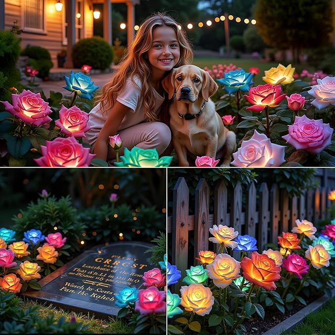 KOOPER 6 Pack Solar Lights Outdoor Garden Decor, 7 Color Changing Solar Flowers Outdoor Waterproof with 30 Bigger & Realistic Rose, Enlarged Size Panel for Patio Yard Garden Cemetery Decoration, Gifts