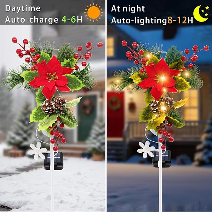 Solar Christmas Decorations Outdoor, 32 Inch Solar Christmas Cross Stake Lights, Waterproof Grave Decorations with Poinsettia Flower Pinecones Red Berries for Garden Yard Patio Lawn Cemetery