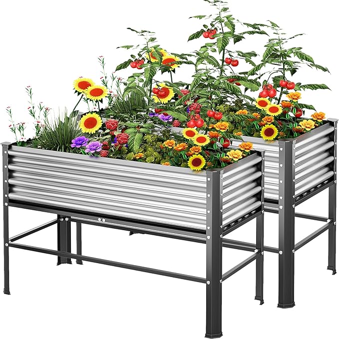 Doniks 2PCS Raised Garden Bed with Legs, 48×24×32in Large Outdoor Metal Galvanized Garden Planting Box, 600lb Capacity for Vegetables Lawn Green Flowers, Fruits, Terrace