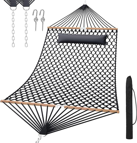 13FT Hammocks, Traditional Hand Woven Cotton Rope Hammock with Free Extension Chains for Outdoor Indoor Patio Yard 450 LSB Capacity for Two Person (Dark Grey)