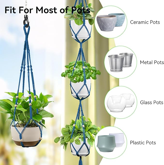 USLAI Macrame Plant Hanger Indoor Outdoor, Up to 4-15 inch Pot, Heavy 20lb Planters, Extra Long Strong Hanging Planter Basket Holder, Boho Home Decor, 35+72 Inch, Blue (POTS NOT Included)