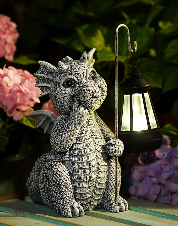 Goodeco Dragon Garden Statue Outdoor with Solar Lantern - Resin Dragon Decor for Garden, Patio, and Yard - 8.3 inches Dragon Gifts & Decorations (Dragon)