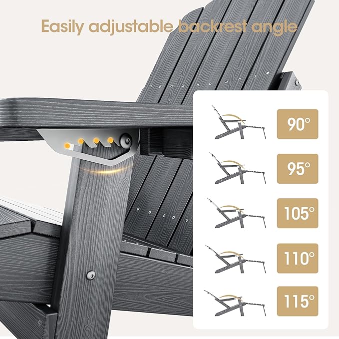 Folding Adirondack Chair Set of 4 with Adjustable Backrest, Adirondack Chair with Retractable Ottoman with 2 Cup Holders, for Pool Deck Beach Garden, Grey