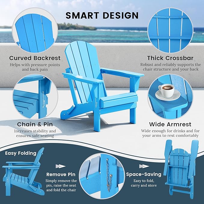 Westin Outdoors Laguna WO Home Furniture Adirondack Chair 4 PC Set Classic Outdoor Patio Folding Chair for Bon Fire Pit Lawn Backyard Beach Plastic Weather-Resistant (Pacific Blue)