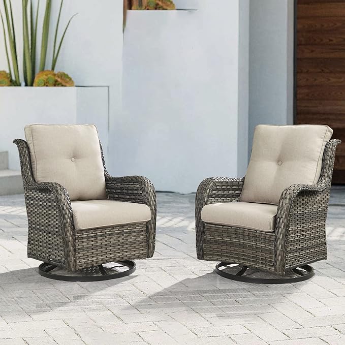 Outdoor Patio Swivel Rocker Chairs - Wicker Rattan Patio Swivel Rocking Chairs Set of 2 with High Back,Deep Seating and Comfort Cushions for Deck Porch Garden,Mixed Grey/Beige