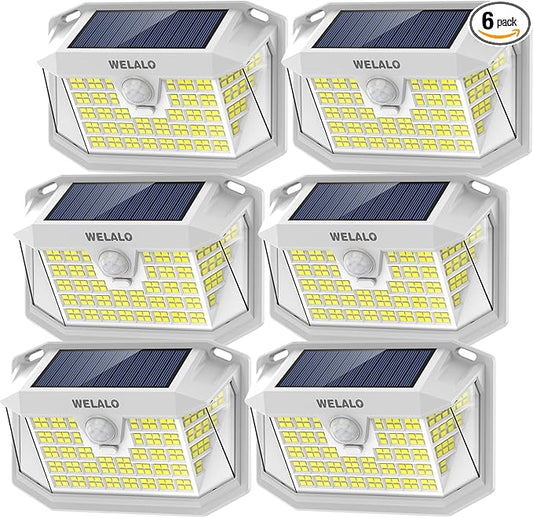 Solar Motion Lights Outdoor, [3 Modes/6 Pack/188 LED] 270° Wide Angle Lighting, Security Solar Powered Wall Lights, IP65 Waterproof Flood Lights for Fence Porch Yard Patio(White)