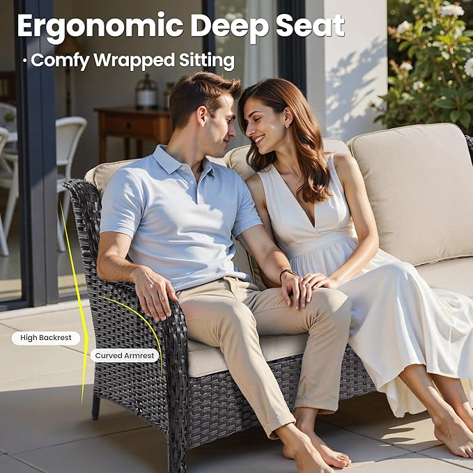 ovios 6 Pieces Patio Furniture Set with 30" Fire Pit Table, Outdoor Wicker Sofa with Ottomans, Comfy Cushions, High Back Couch Conversation Set, Brown Rattan, Beige